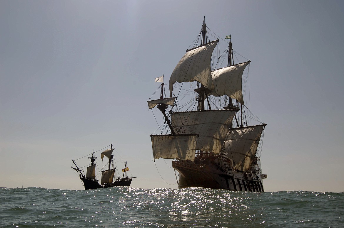 A full-scale wooden replica of the Manila galleon Andalucía, based in Seville, Spain, is 170 feet long, 125 feet tall, with a 30-foot beam, and those size ships could carry 500 tons of cargo (big load in those days) and up to 400 people that included passengers, soldiers, sailors, gunners and crew, the ship shown here with replica Nao Victoria in the distance.