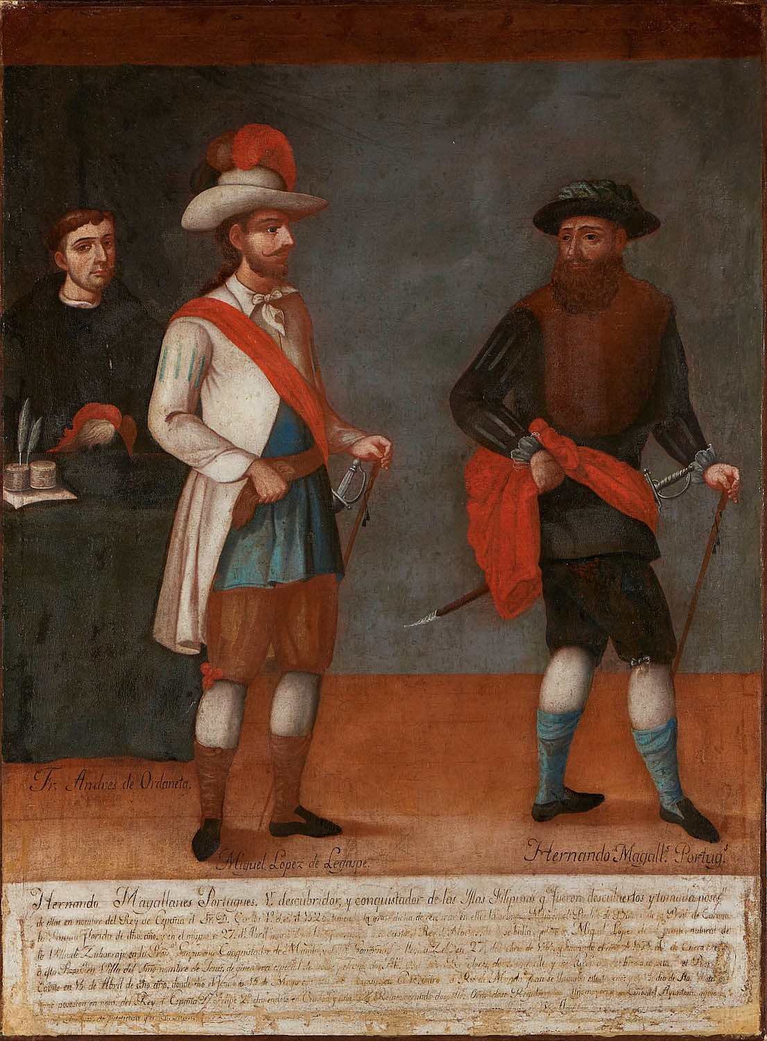 Painting of the three Founding Fathers of the Manila galleon trade route, from left: Fr. Andrés de Urdaneta who plotted the trade route across the Pacific, Miguel López Legazpi, the first Governor-General of Spanish East Indies (now the Philippines) and Hernando Magellan who opened up the Philippines to Spain with his round-the-world expedition.