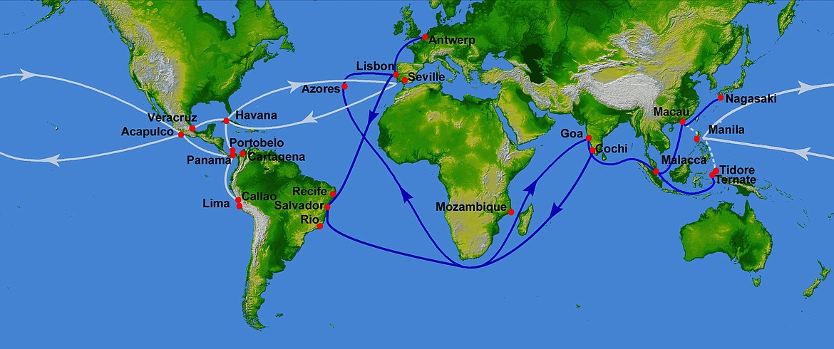 Spanish and Portuguese trade routes of the 16th century, with the Portuguese routes in blue and the Spanish in white linking the Philippines with Mexico, West Indies and South America and Spain.