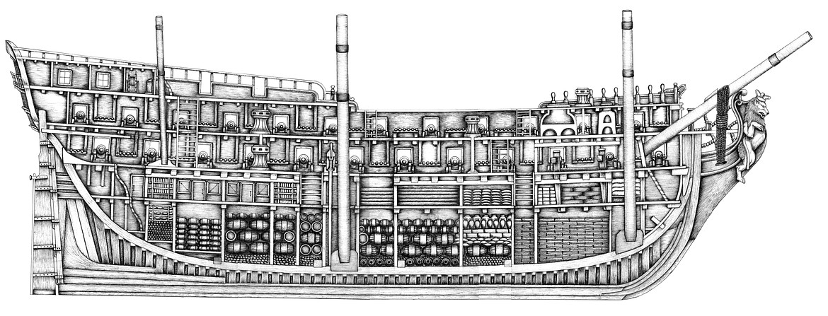 Cross-section of Spanish armed galleon La Galga that was supposed to escort a fleet of merchant ships carrying Manila trade goods and treasure from Mexico to Spain but was destroyed by a hurricane off Virginia, at no loss of life.