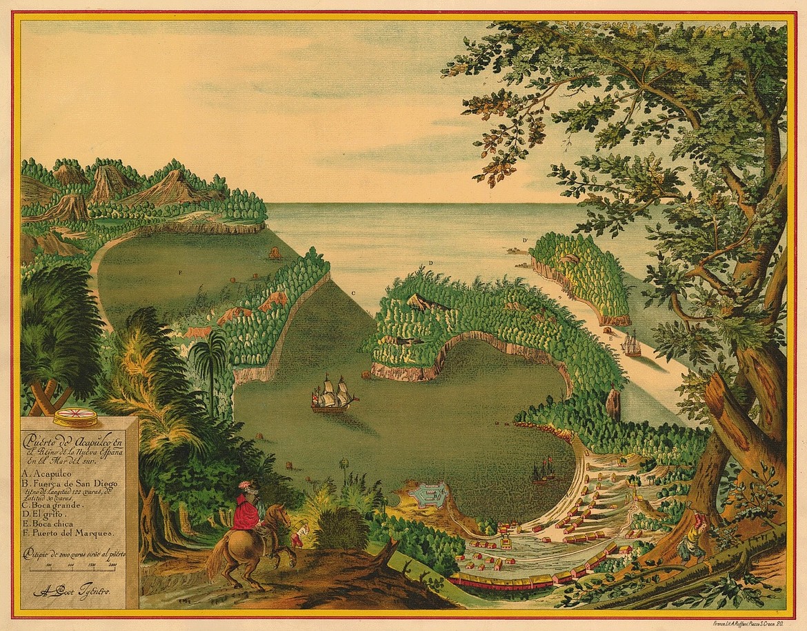 Acapulco in 1628, Mexican destination for Manila Galleon route across the Pacific from Manila carrying luxury goods from Asia, paid for by Mexican silver.