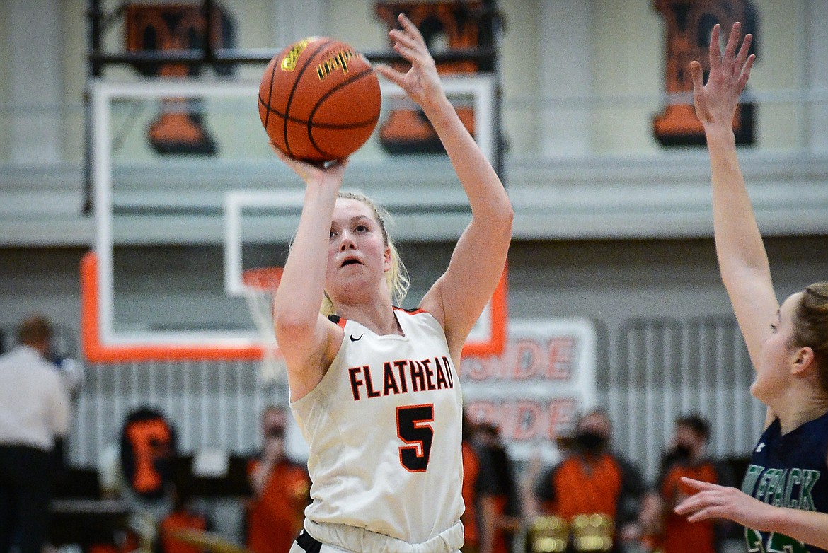 Flathead's Maddy Moy (5) looks to shoot against Glacier at Flathead High School on Thursday. (Casey Kreider/Daily Inter Lake)