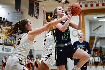 Glacier's Ellie Keller (22) drives to the basket against Flathead's Kuyra Siegel (3) at Flathead High School on Thursday. (Casey Kreider/Daily Inter Lake)