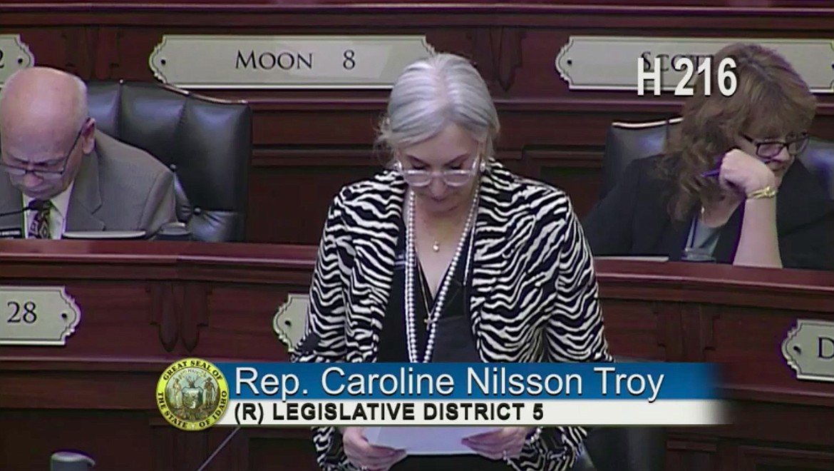 Rep. Caroline Nilsson Troy, R-Genesee, testifies in favor of her bill, House Bill 216, which would give the Idaho Department of Health and Welfare an extra $369 million-plus to fund the bills incurred by Idahoans that participate in Medicaid and Medicaid expansion. It passed in a narrow 37-31 vote.