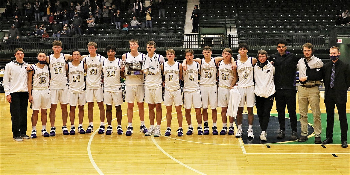 The Polson Pirates finished second at the Western A divisional tournament and will be the No. 2 seed out of the West at the Class A state tournament. Pictured, from left, are: Owen McElwee, Tyler Wenderoth, Braunson Henriksen, Alex Muzquiz, Sam Fisher, Darian Williams, Trevor Lake, Colton Graham, JC Steele, Xavier Fisher, Jarrett Wilson, Trent Wilson, Robert Perez, Lucas Targerson, Nikolai Figaro, Ethan McCauley and manager David Bjorge. (Courtesy of Bob Gunderson)