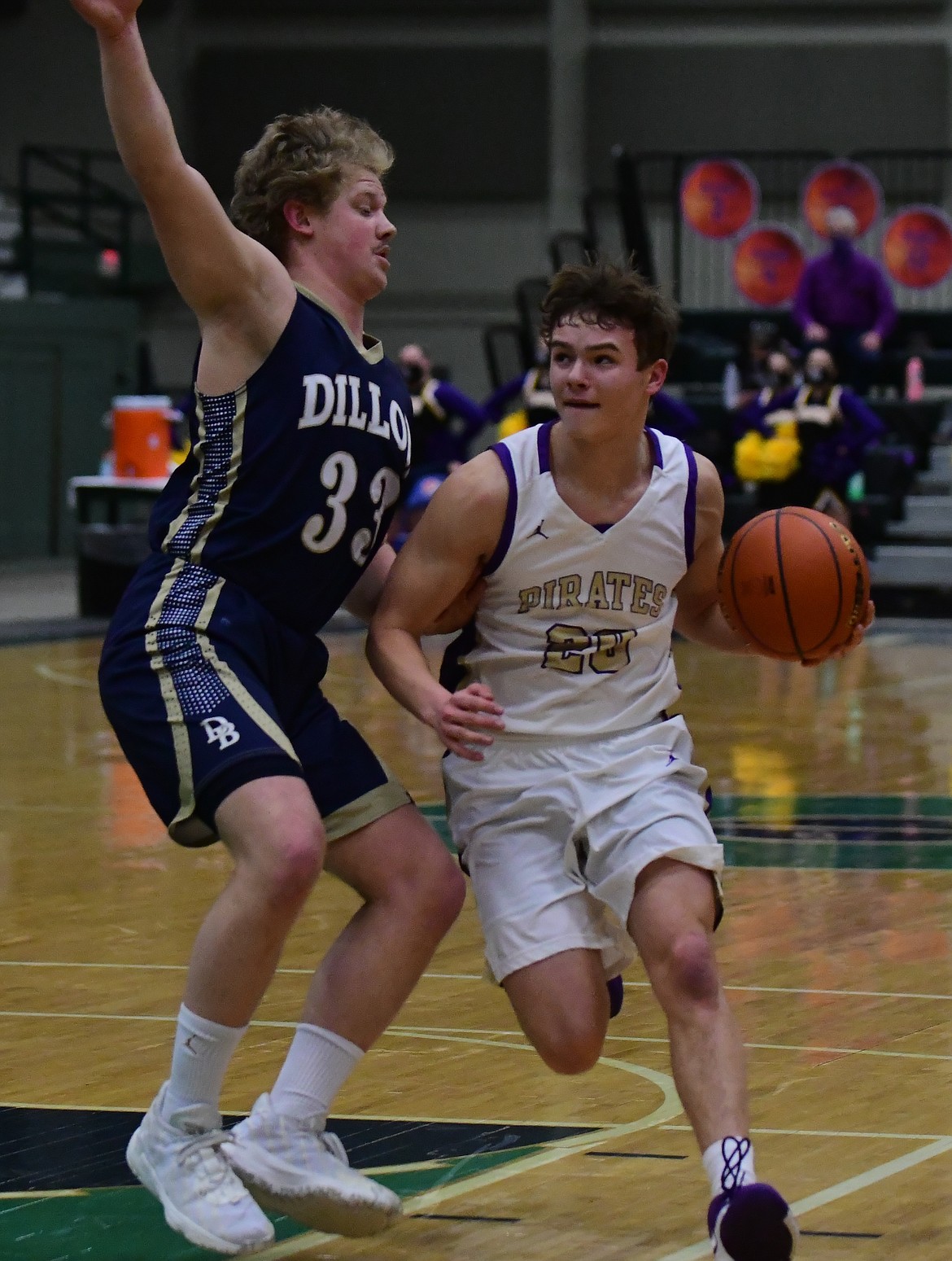 Polson's Jarrett Wilson drives past Dillon's Jace  Fitzgerald during the Western A title game Saturday night at Butte. (Teresa Byrd/Hungry Horse News)