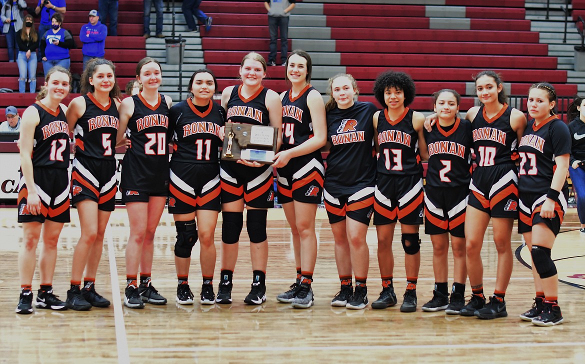The Ronan Maidens finished second at the Class A divisional tournament at Butte and will be the No. 2 seed from the West at the state tournament. Pictured, from left, are: Olivia Heiner, LaReina Cordova, Danielle Coffman, Jaeleigh Gatch, Jaylea Lunceford, Madeline McCrea, Haylie Webster, Adriana Tatukivei, Margaret Cordova, Leina Ulutoa and Areanna Burke. (Teresa Byrd/Hungry Horse News)