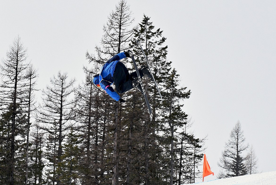 WMR Freestyle Team member Conner Byle takes first in the Open Mens division at the Presidents Park Slopestyle competition at Whitefish Mountain Resort on Feb. 14. (Whitney England/Whitefish Pilot)