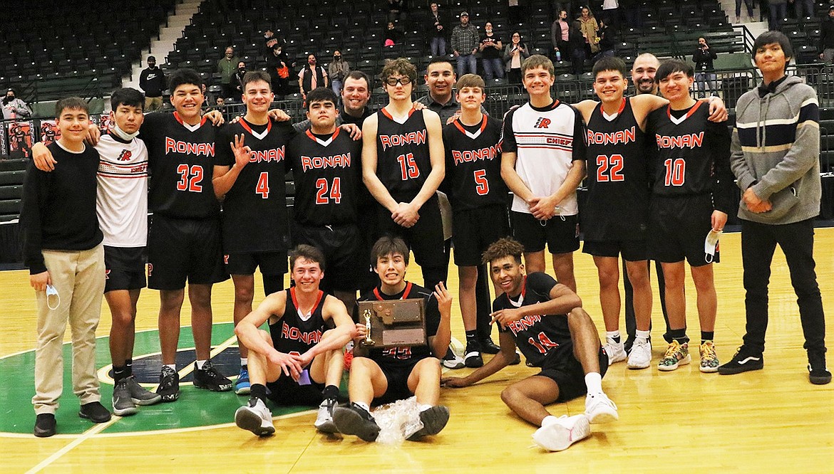 The Ronan Chiefs went 3-1 at the Western A divisional tournament in Butte and finished third. Pictured, standing from left, are: Robbie McCrea, Dillon Pretty On Top, Marlo Tonasket, Ruben Couture, Sage Coffman, assistant coach Mitchell Wassam, Payton Cates, head coach DJ Fish, Mason Clairmont, Troy Alford, Elijah Tonasket, assistant coach Jacob Alford, Jordan Gatch and Kylin Medicine Bull. Seated from left are Zarec Couture, Leonard Burke and Girma Detwiler. (Courtesy of Bob Gunderson)