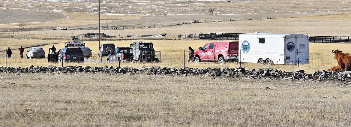 Around 12:30 p.m. Monday several vehicles from Lake County Search and Rescue arrived at a staging area along Irvine Flats Road, about 10 miles west of Polson. Fire and ambulance crews departed soon after. (Scot Heisel/Lake County Leader)