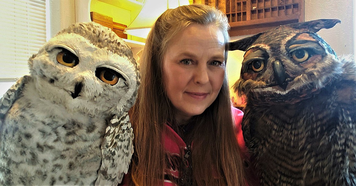 Cindy (snowy owl, left) and Ted (great-horned) greet customers at Karla Martinson's booth when she offers her children's books for sale at craft fairs. People are often most surprised when the owls blink. (Courtesy of Karla Martinson)