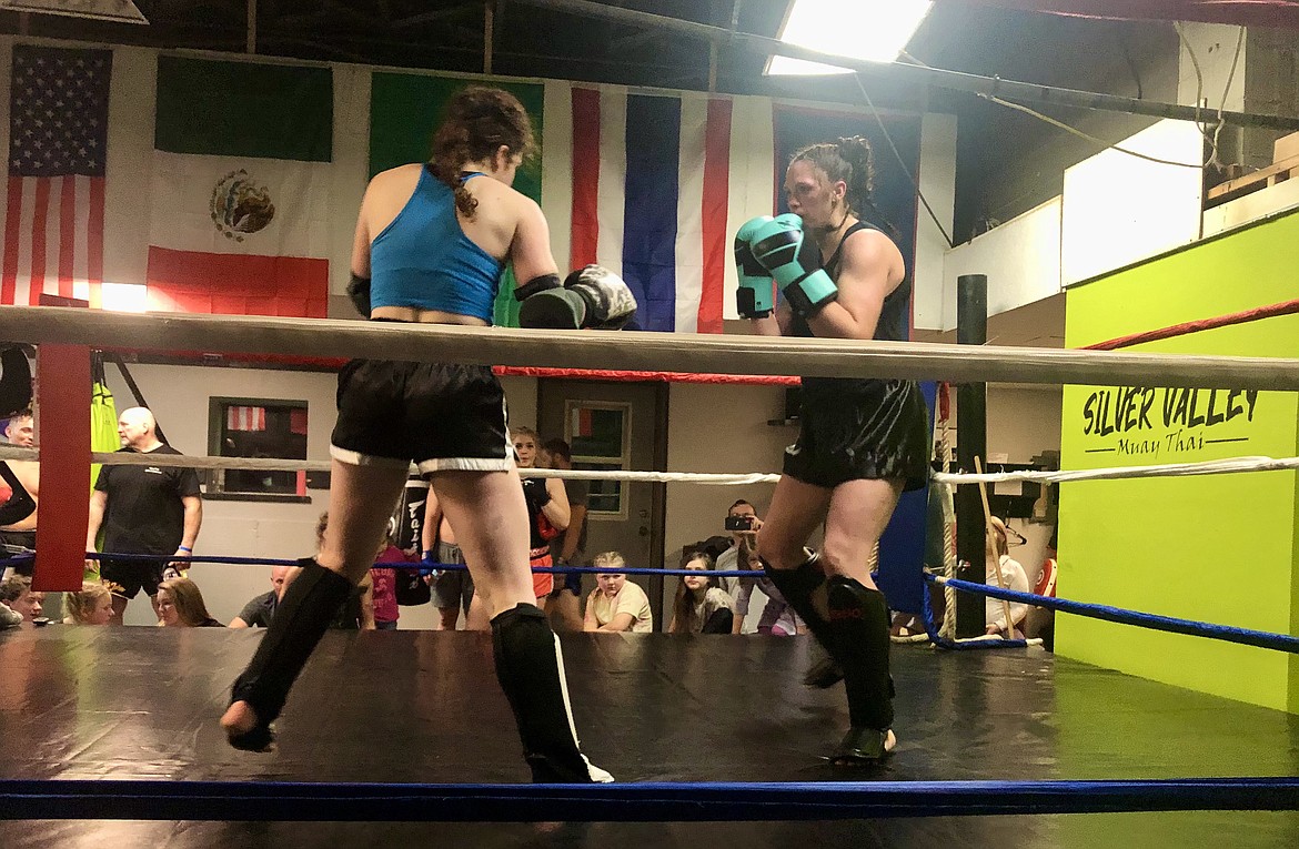 Sorensen with Silver Valley Muay Thai (right) fights Megan Roscoe at Saturday's sparring party.