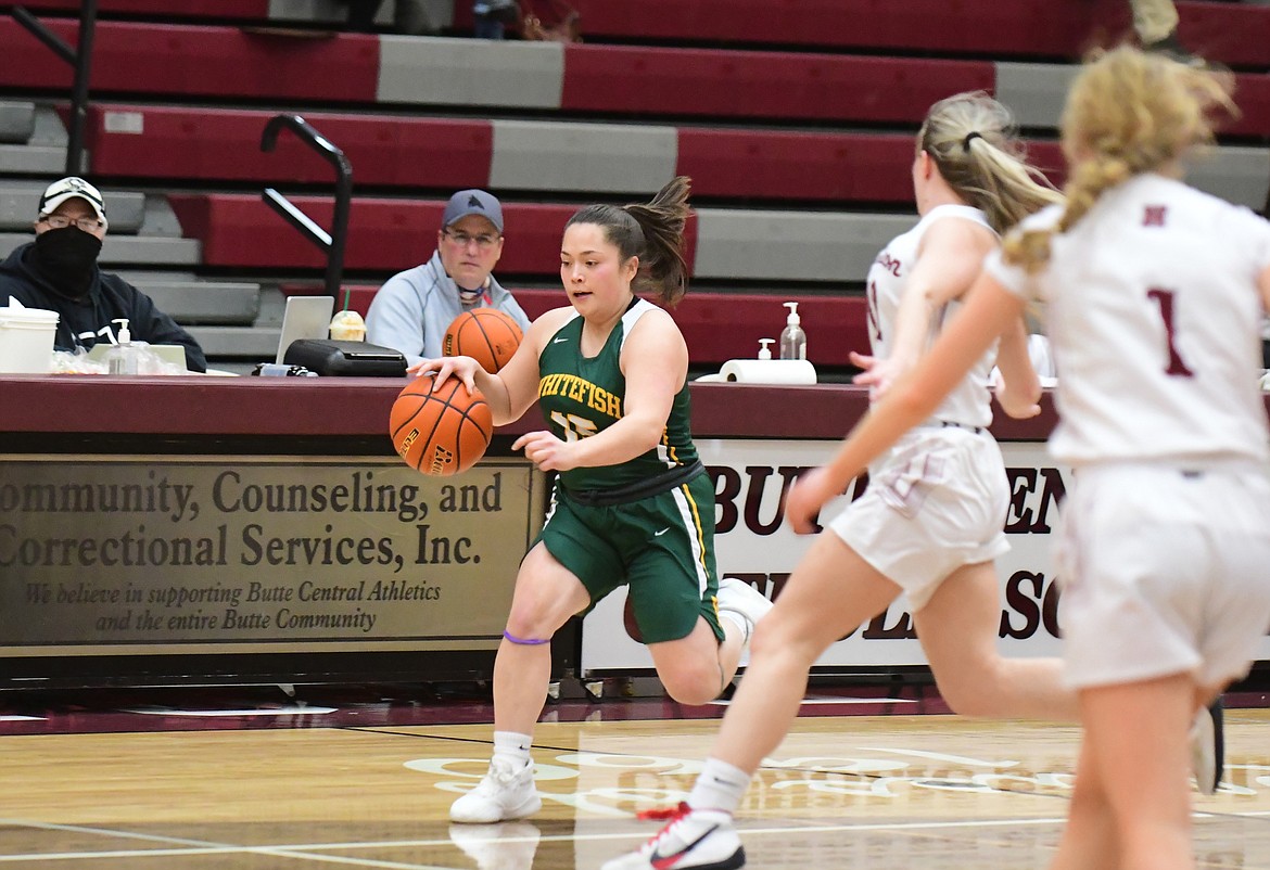 Whitefish's Jenny Patton dribbles the ball down the court against Hamilton during the Western A Divisional Tournament on Thursday in Butte. (Teresa Byrd/Hungry Horse News)