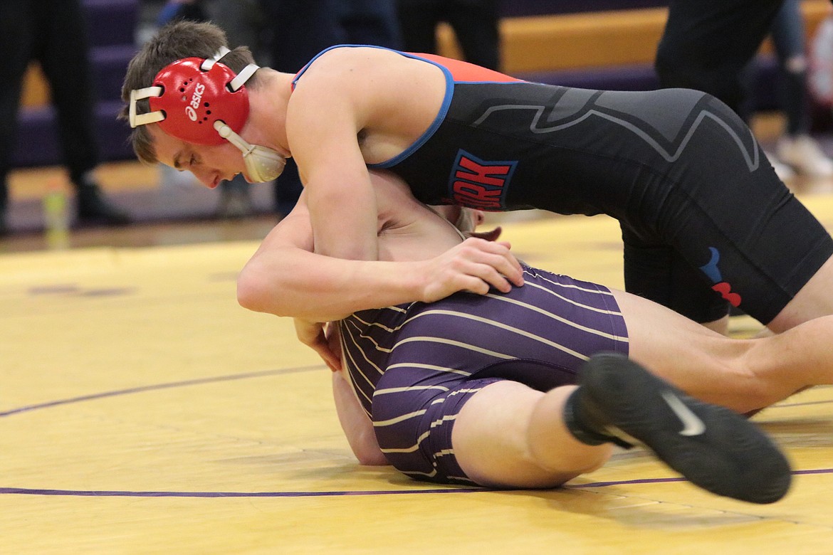 Bigfork's Ryder Nollan grapples with Cut Bank's Caleb Simpson at the Class B/C Divisional wrestling meet.
Courtesy Sally Anderson