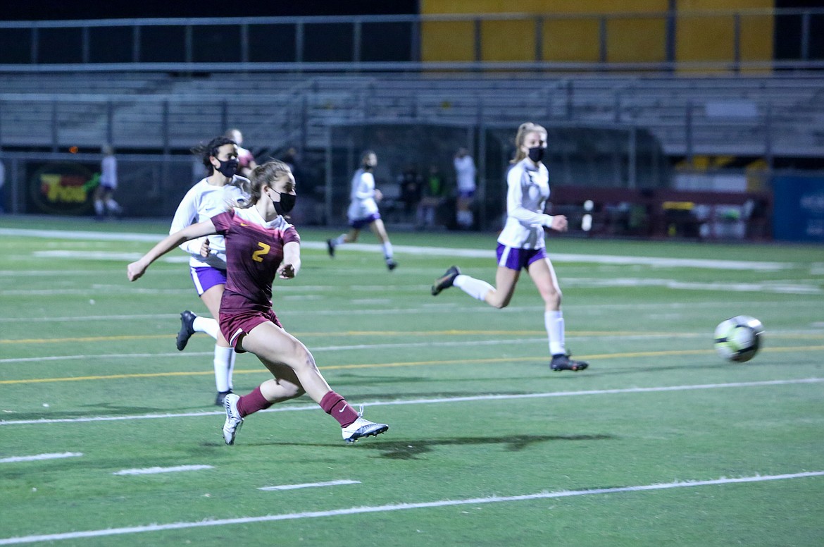 Moses Lake's Natalie Bunch fires in a goal to pull the Chiefs even at 1-1 early in the second half against Wenatchee on Tuesday night at Lions Field in Moses Lake.