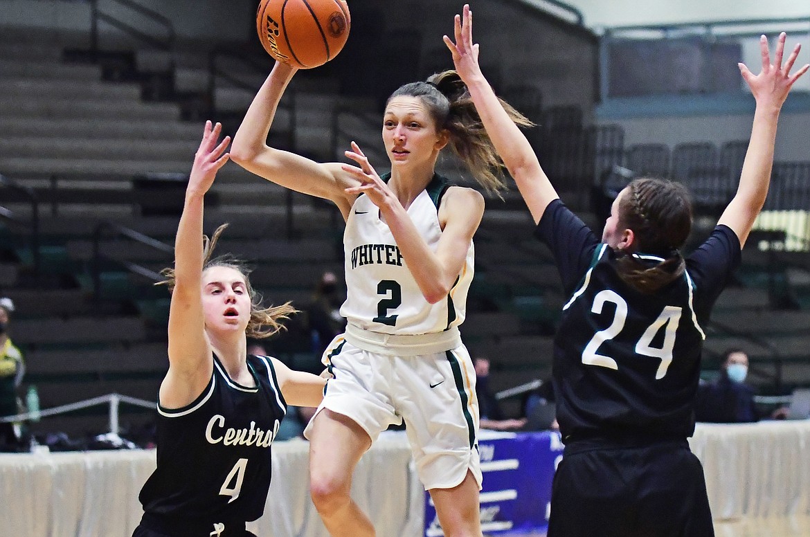 Whitefish's Erin Wilde drives in the lane against Billings Central at the Montana Class A State Tournament in Great Falls on Wednesday. (Teresa Byrd/Hungry Horse News)