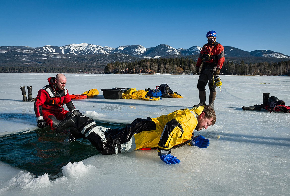 First responders practiced rescue techniques Thursday on Whitefish Lake during a training put on by BNSF Railway. (Photo courtesy Dwight Vasel)