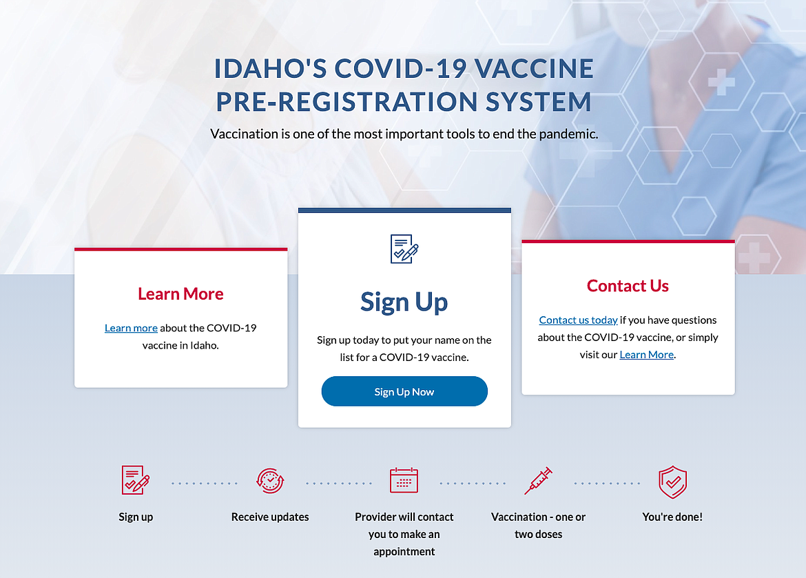 A screenshot shows the home page of the state of Idaho's new COVID-19 vaccine appointment pre-registration website.