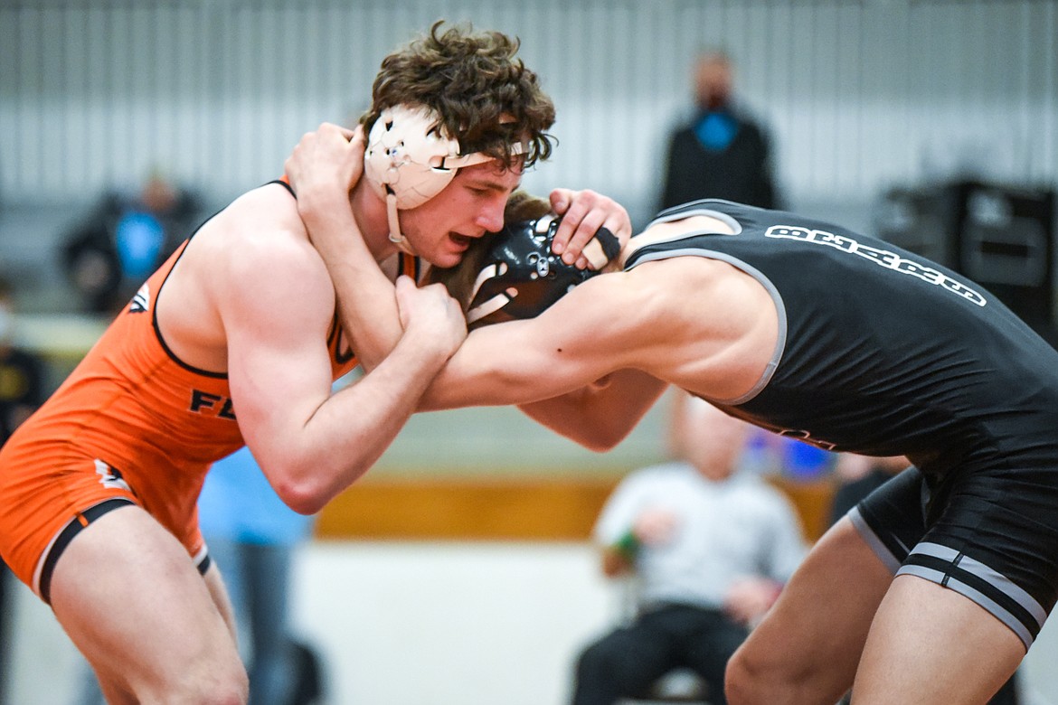 Flathead's Fin Nadeau wrestles Billings West's Drake Rhoads at 152 lbs. at the State AA wrestling tournament at Flathead High School on Saturday. (Casey Kreider/Daily Inter Lake)