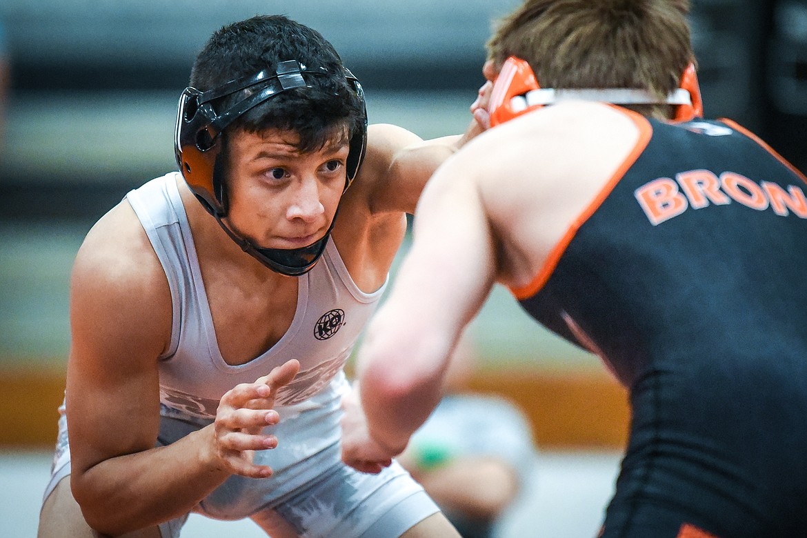 Glacier's Teegan Vasquez wrestles Billings Senior's Jalen Vladic at 120 lbs. at the State AA wrestling tournament at Flathead High School on Saturday. (Casey Kreider/Daily Inter Lake)