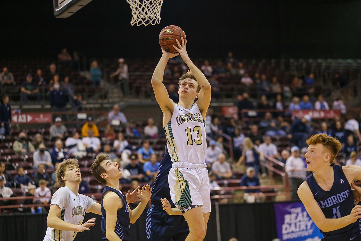 JASON DUCHOW PHOTOGRAPHY
St. Maries junior forward Tristan Gentry pulls up for a jumper during Saturday's state 2A boys basketball championship game at the Ford Idaho Center.