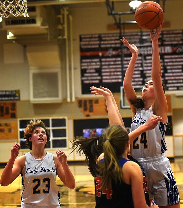 Thompson Falls' Megan Baxter goes to the basket against as teammate Jody Detlaff waits for a possible rebound in the Class 7-B District tournament in Eureka. (Jeremy Weber/Valley Press)