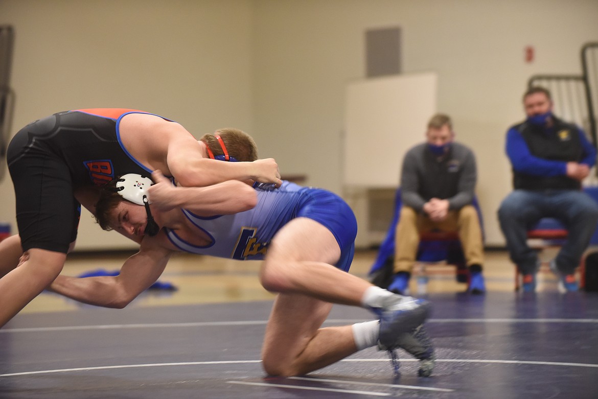 Thompson Falls wrestler Dane Chojnacky, shown here in a match against Bigfork earlier this season, placed fifth at the Montana High School Association B-C tournament last weekend.(Scott Shindledecker/Valley Press)