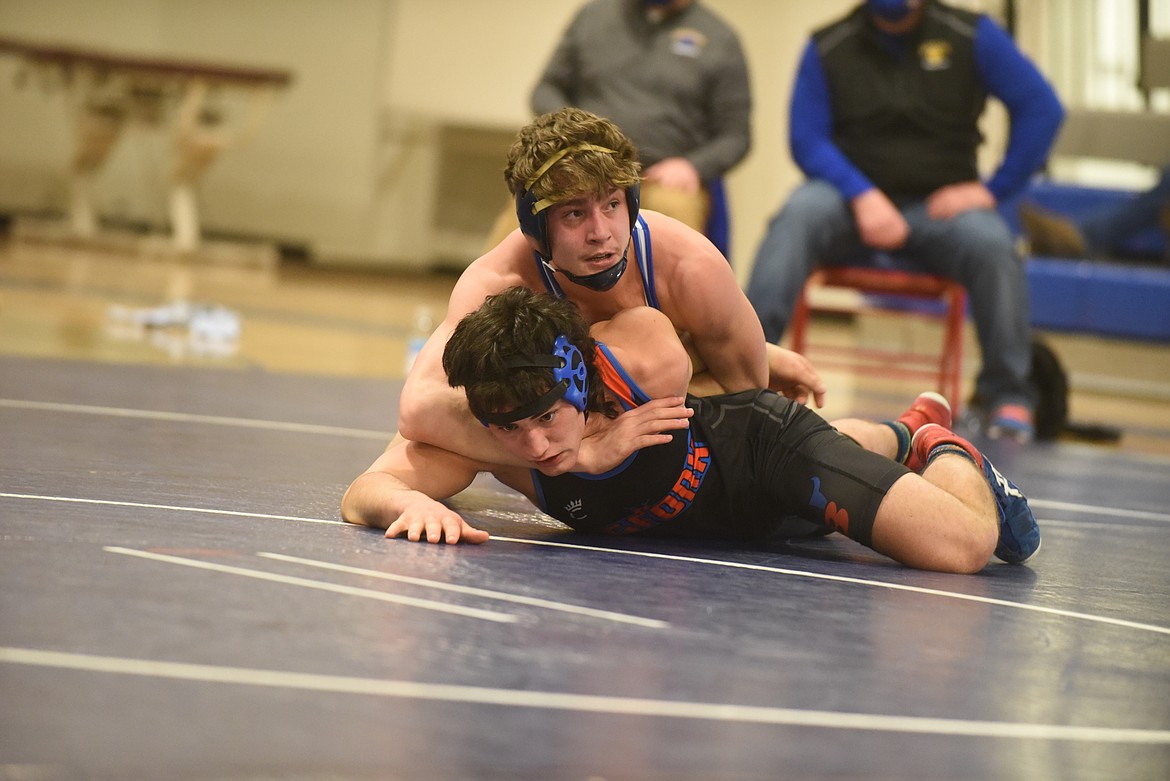 Thompson Falls wrestler Max Hannum, shown here in a match against Bigfork earlier this season, placed fourth at the Montana High School Association B-C tournament last weekend.(Scott Shindledecker/Valley Press)