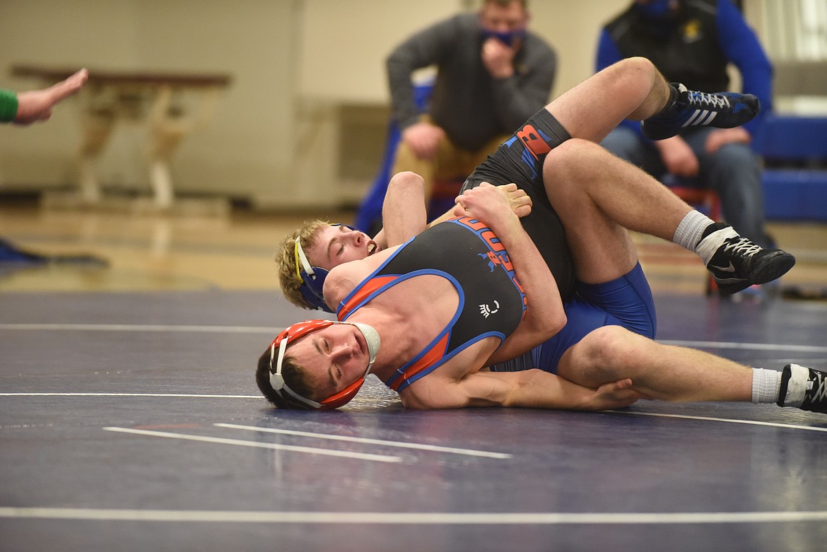 Thompson Falls wrestler Trae Thilmony, shown here in a match against Bigfork earlier this season, won his second straight state championship at the Montana High School Association B-C tournament last weekend. (Scott Shindledecker/Valley Press)