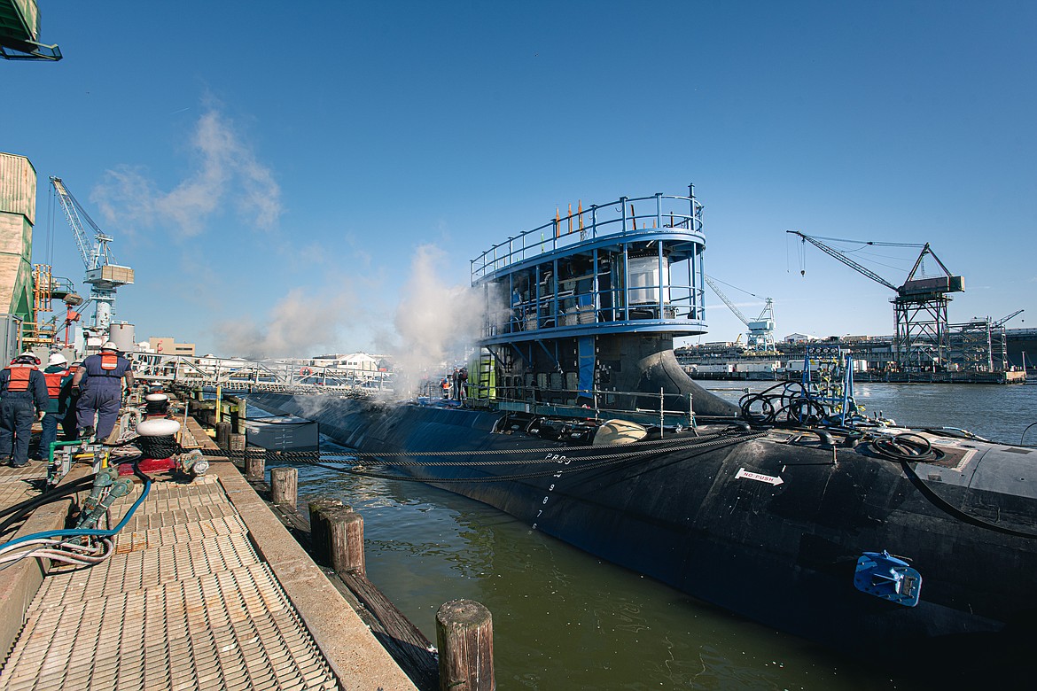 The Virginia-class submarine Montana (SSN 794) has been launched into the James River and moved to Newport News Shipbuilding division’s submarine pier for final outfitting, testing and crew certification. (Ashley Cowan/Huntington Ingalls Industries)