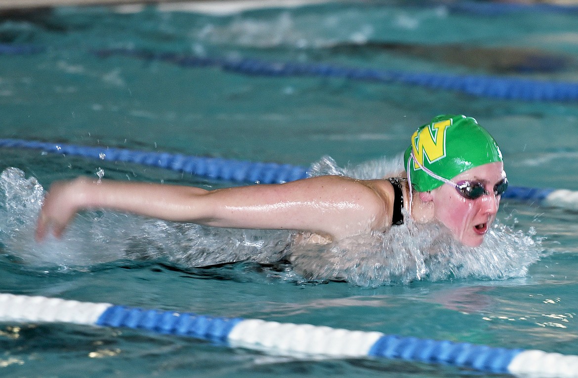 Whitefish's Ada Qunell swims to a state title in the 200 Yard IM event at the Montana Class A State swim meet on Saturday, March 6 in Polson. (Scot Heisel/Lake County Leader)