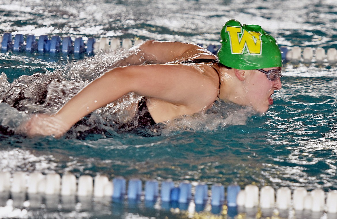 Bulldog Nia Hanson swims in the 100 Yard Butterfly race at the Montana Class A State swim meet on Saturday, March 6 in Polson. (Scot Heisel/Lake County Leader)