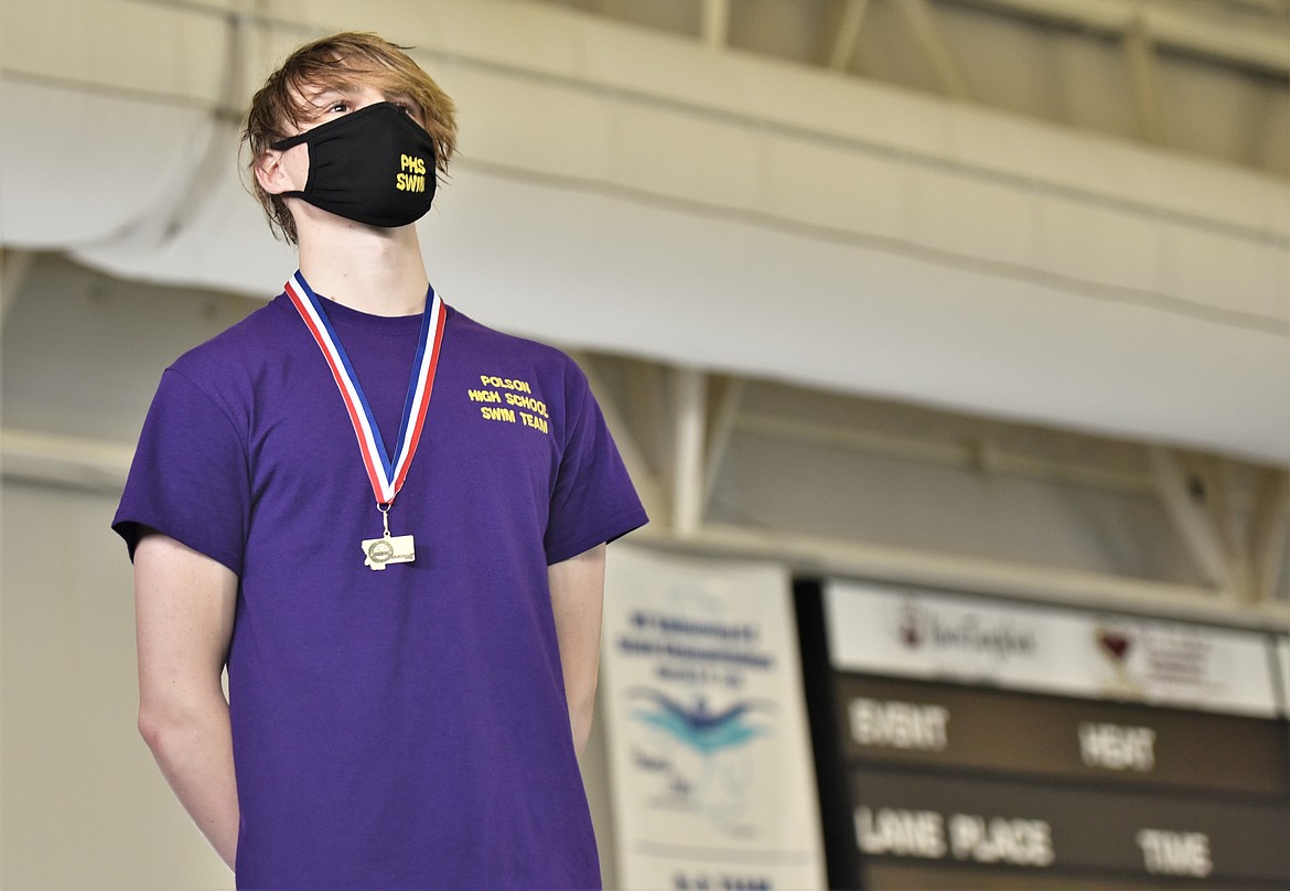 Polson High School senior Mason Sloan captured state titles in the 200 freestyle and the 100 breaststroke at the Class A/B state swim meet Saturday at the Mission Valley Aquatics and Fitness pool in Polson. (Scot Heisel/Lake County Leader)