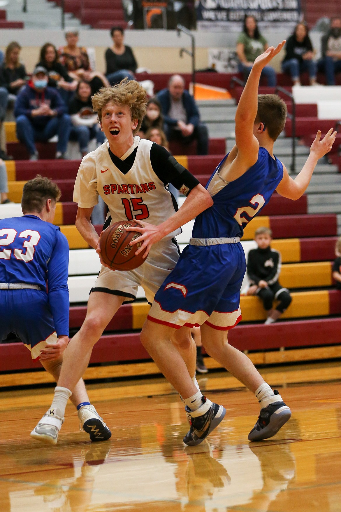 Junior Blake Barrett fights through the McCall-Donnelly defense to get to the paint during the first round of the 3A state tournament last Thursday. Barrett earned all-league honors for his efforts this season.