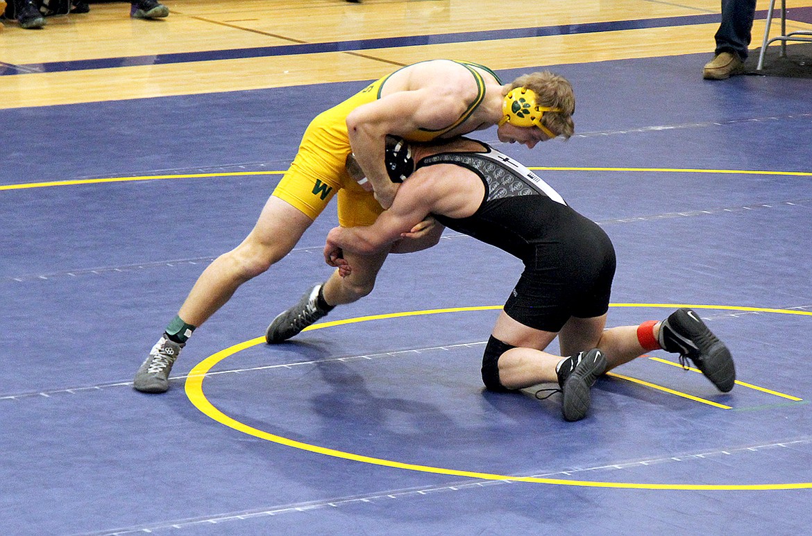 Whitefish's Camren Ross wrestles in the 170-pound weight class at the MHSA Class A State Tournament in Miles City on Saturday. (Photo courtesy of Chad Ross)