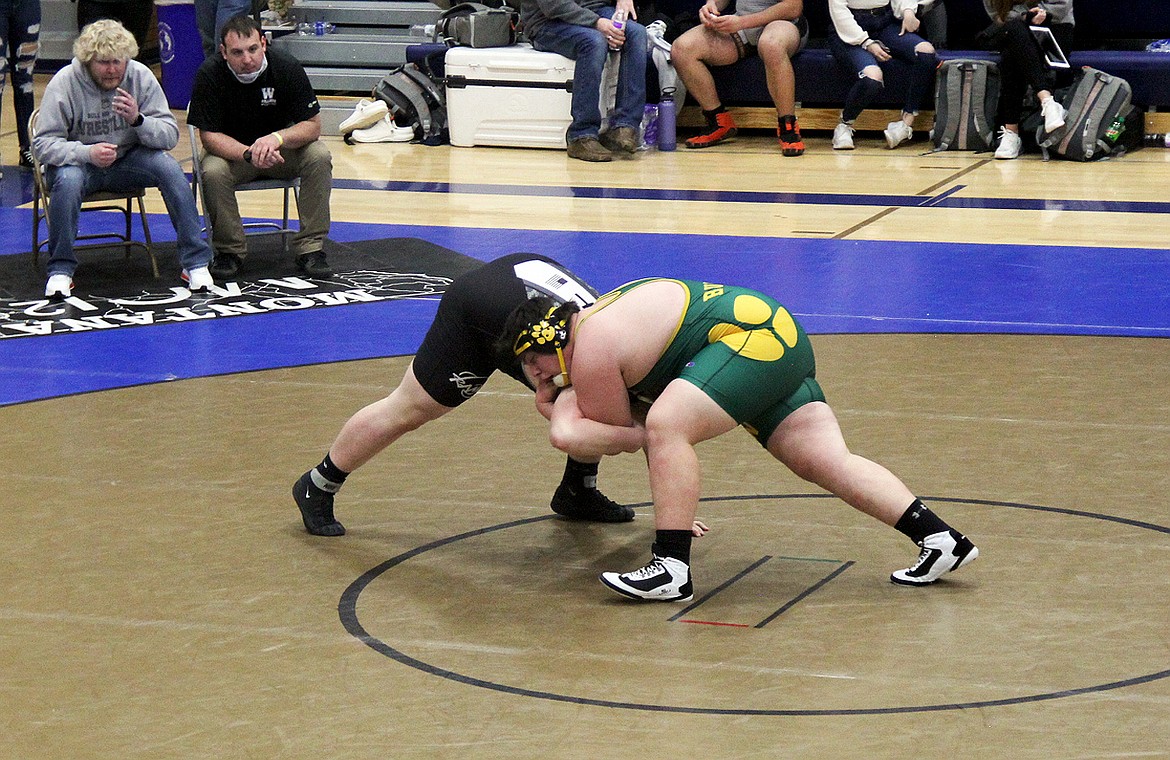 Whitefish's Brian Sweeney wrestles in the heavy weight division at the MHSA Class A State Tournament in Miles City on Saturday. (Photo courtesy of Chad Ross)