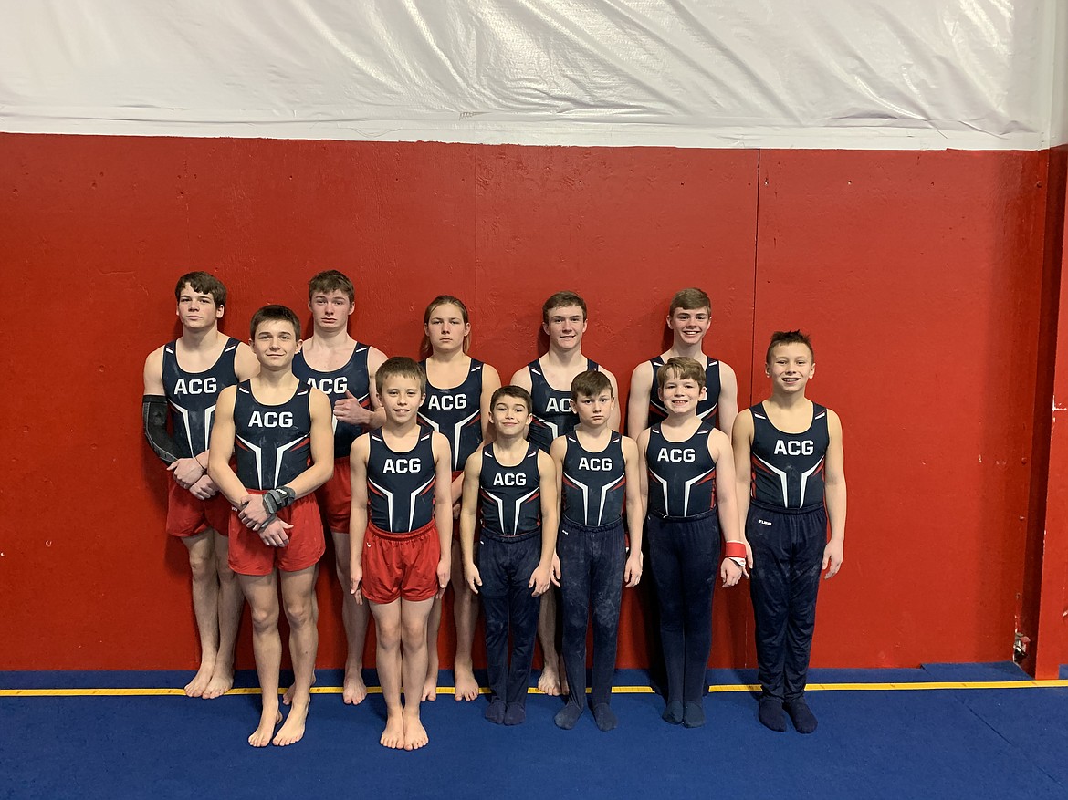 Courtesy photo
The Avant Coeur Gymnastics boys team traveled to Missoula, Mont., this past weekend to compete in the Tri State Challenge at Roots Gymnastics. In the front row from left are Caden Severtsen, Malachi Organ, Dylan Coulson, Brayson Moore, Hudson Petticolas and Conan Tapia; and back row from left, Daniel Fryling, Ryan Thomas, Collin Scott, Jesse St Onge and Cayden Ptashkin.