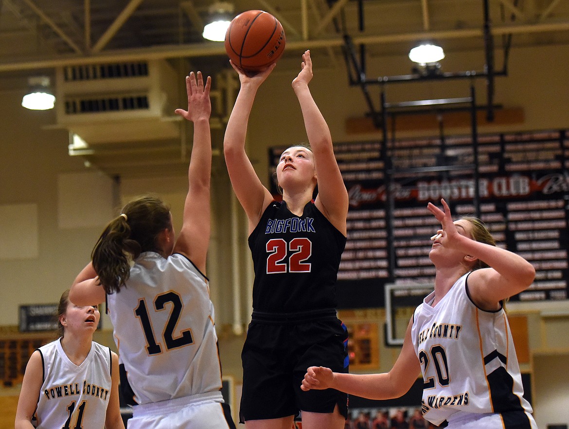 Bigfork's Scout Nadeau goes up for two of her game-high 12 points in the Valkyries 51-14 win over Deer Lodge at the Western B Divisional Basketball Tournament in Eureka Thursday.
Jeremy Weber/Bigfork Eagle