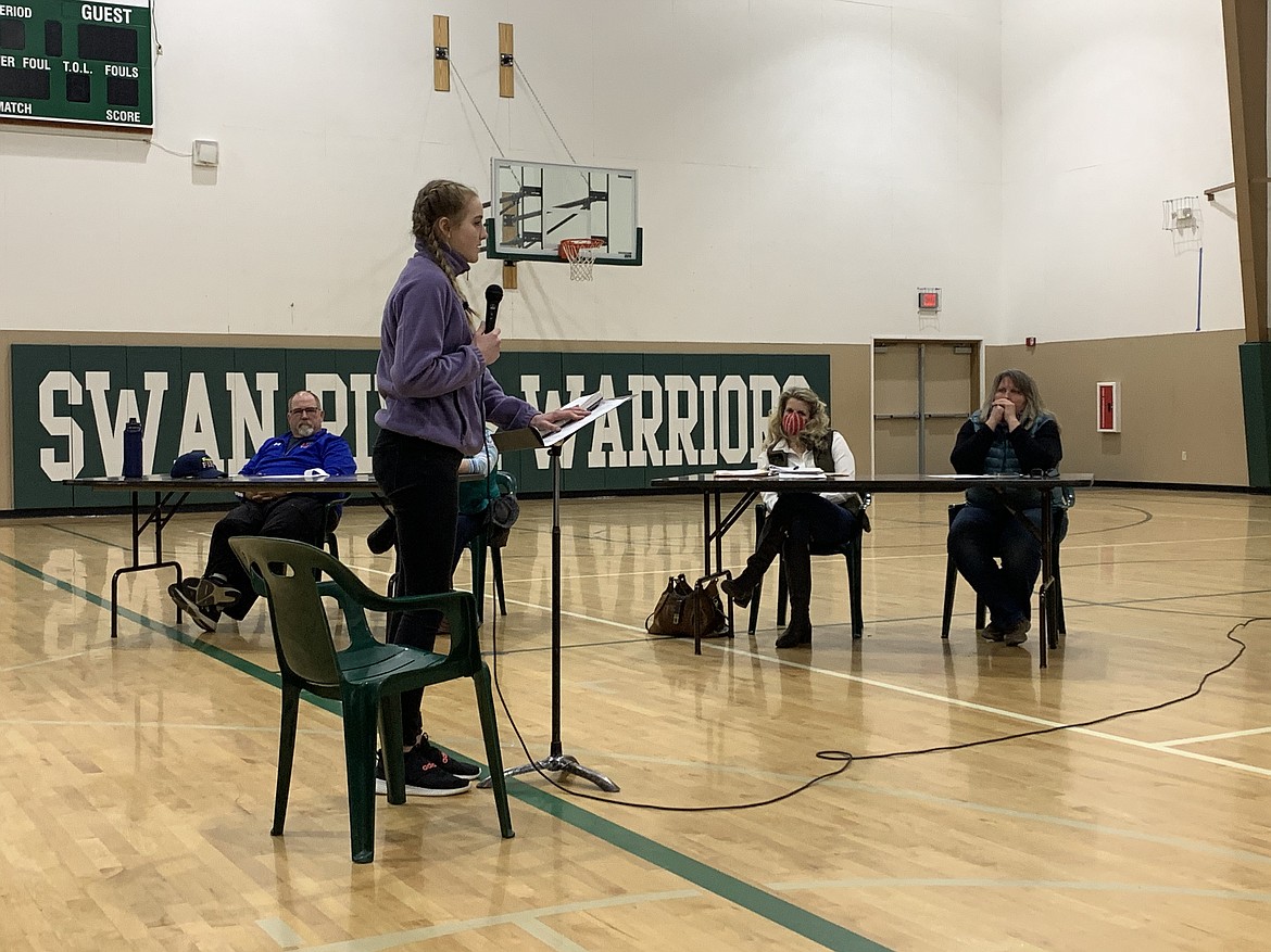 Swan River School student Kennady Garvin shares her comments in opposition to the mask requirement on campus during Monday evening's board meeting.
Mackenzie Reiss/Bigfork Eagle