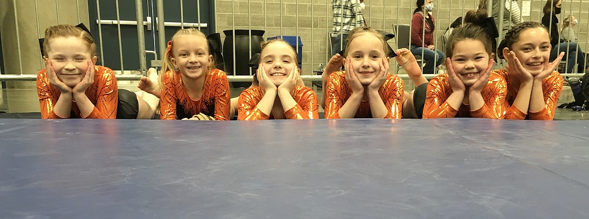 Courtesy photo
North Idaho Gymnastics Level 3 athletes competed at the Royal Festival at the Spokane Convention Center March 6-7. From left are Kallyn O'Brian, Hunter Bangs (3rd AA), Emma Farris, Haelyn Hyslop, Kinsley Bodman (1st AA) and Ella Ferguson.