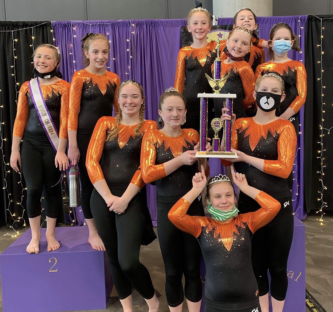 Courtesy photo
North Idaho Gymnastics Xcel Bronze took first place team at the Royal Festival at the Spokane Convention Center March 6-7. In the front row is Aubrey Gregerson; second row from left, Elizabeth Phillips, Sue Millard and Veronica Ault; third row from left, Laina Busicchia, Delainey Wenstrom, Elleah Hubbard and Hannah Fisher, and back row from left, Fynlie Reynolds and Allie Netzel.