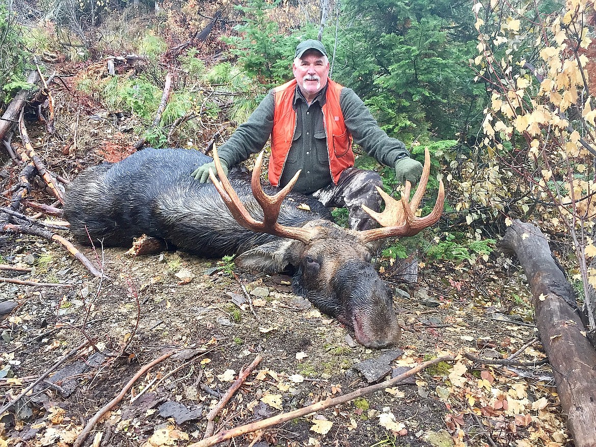 Dallas Carr of Troy poses with the bull moose he killed in October 2019. The moose later tested positive for Chronic Wasting Disease and Carr had to dispose of all the meat. House Bill 353, proposed by Rep. Steve Gunderson, R-Libby, would allows Fish, Wildlife and Parks to reissue licenses for the following year to hunters who harvest animals that are deemed unfit for consumption. (Courtesy photo)