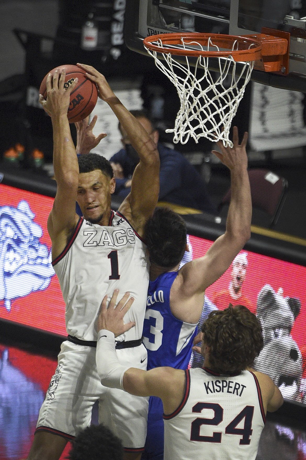 Gonzaga guard Jalen Suggs (1) grabs a rebound against BYU during the first half of the West Coast Conference men’s tournament championship on Tuesday in Las Vegas. (AP Photo/David Becker)