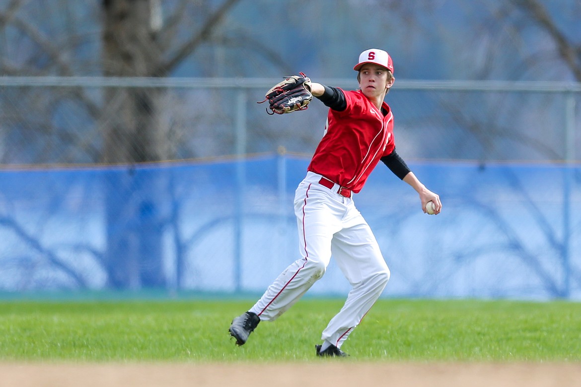 Max Thielbahr looks to make a throw from the outfield during a game against Lakeland on April 18, 2019 at War Memorial Field.