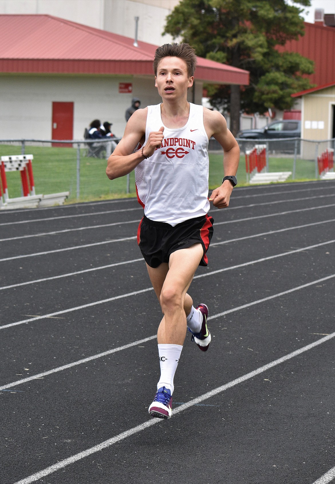 Nikolai Braedt nears the finish line in the 3200 at the Sandpoint Open on June 13, 2020.