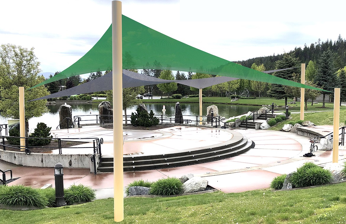 This rendering shows what shade sails will look like over the Riverstone stage, which is called the "Frying Pan" because of how hot it gets in the summer. This project is expected to cost $85,000 to $100,000 and will be an amenity for the community to use once completed.