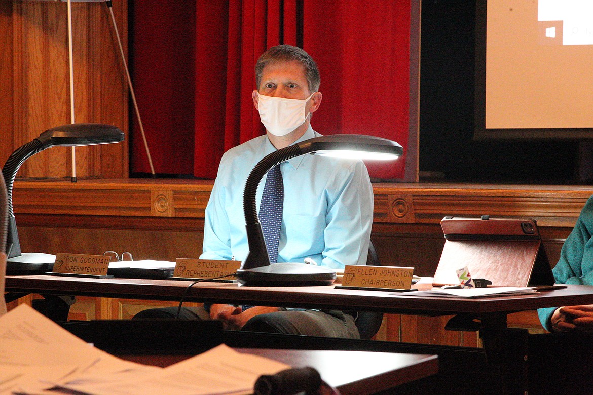 Superintendent Ron Goodman reviews policies during a March 8 school board meeting. (Will Langhorne/The Western News)