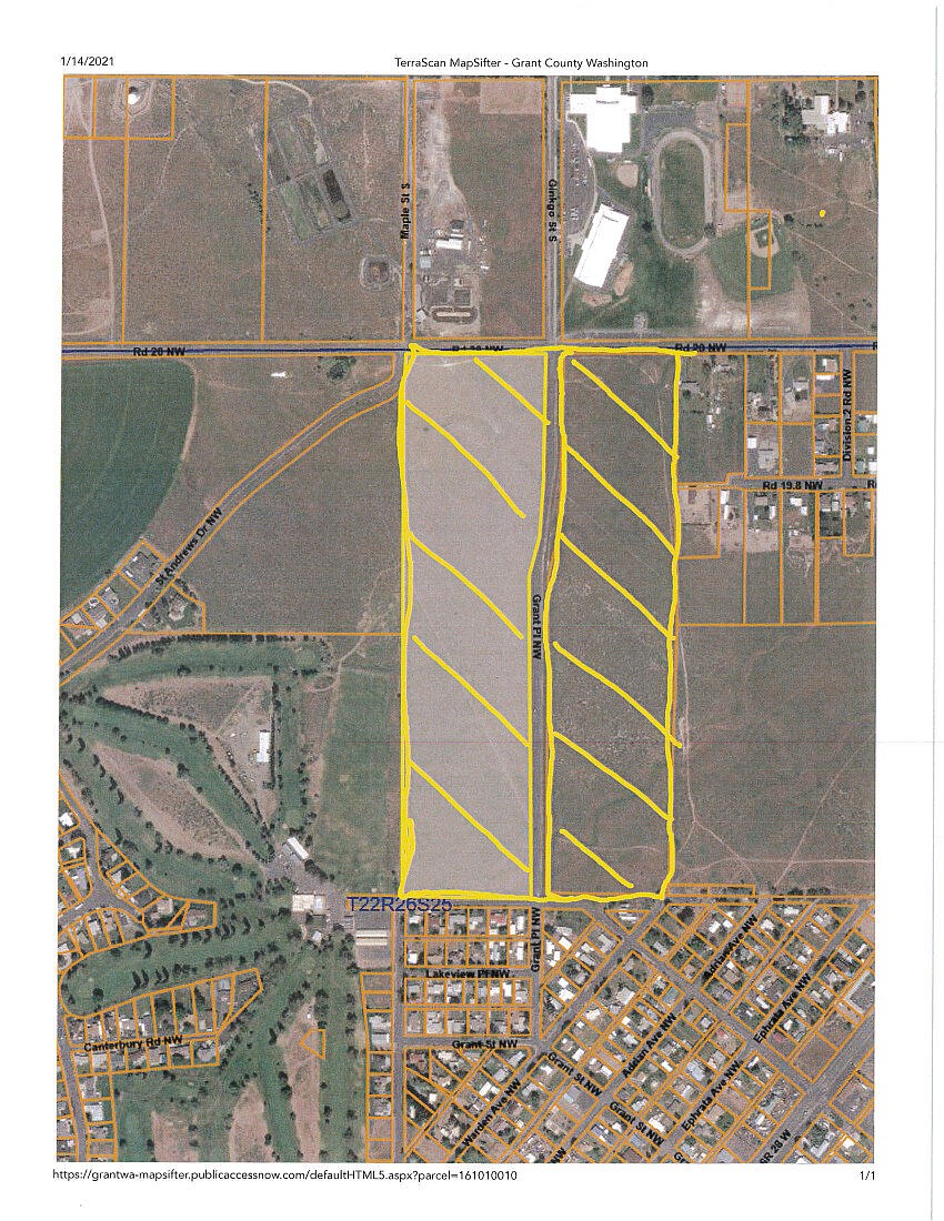 Parcels of land being discussed for annexation by the Soap Lake City Council are marked in yellow diagonal lines.