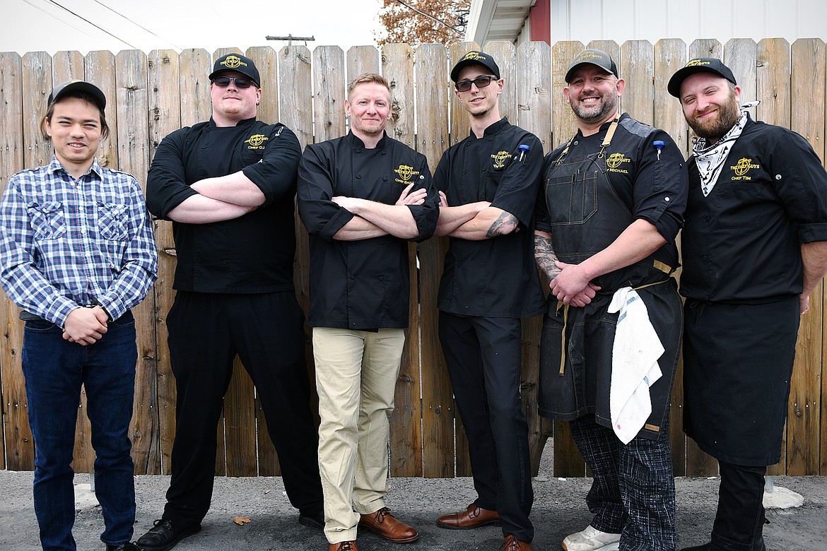 From left, Angelo Carton, location manager; DJ Boyle, executive chef; Shawn Cubberly, owner and co-founder; Tyler Wells, owner and co-founder, Michael Tolomeo, lead chef; and Tim Gwiazdon, lead chef; at The Chef Guys in Kalispell on Tuesday, March 16. (Casey Kreider/Daily Inter Lake)