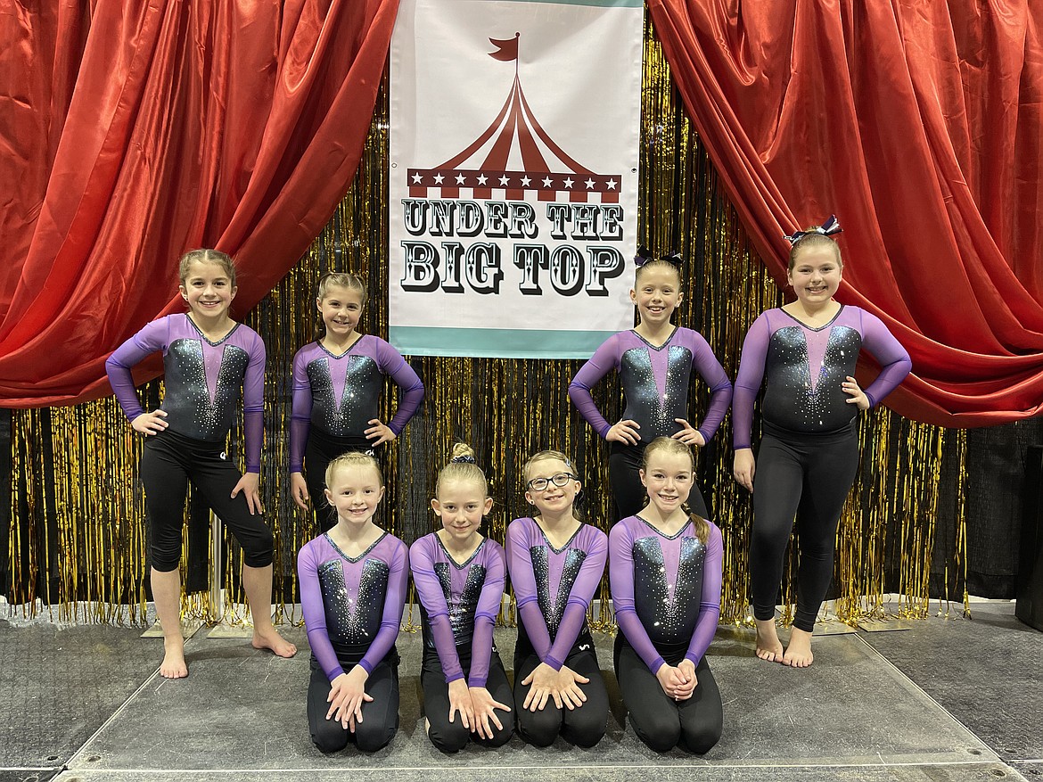 Courtesy photo
Avant Coeur Gymnastics Level 4s at the Under the Big Top meet in Nampa. In the front row from left are Olivia Hynes, Mila Behunin, Jadyn Jell and Quinn Howard; and back row from left, Lexie Gersdorf, Issoria Austin, Summer Nelson and CC Miller.